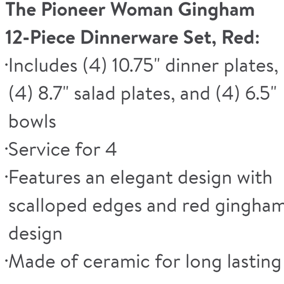 ❤️ New Pioneer Woman Red Gingham 12-Piece Dinnerware Set - Picture 2 of 8